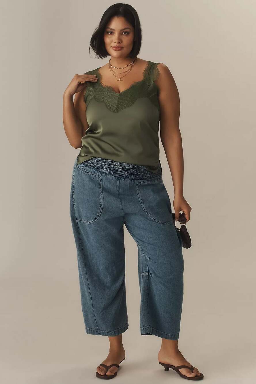 Pilcro Anthropologie Reese 100% Cotton Smocked Waist Wide Leg Denim Pants